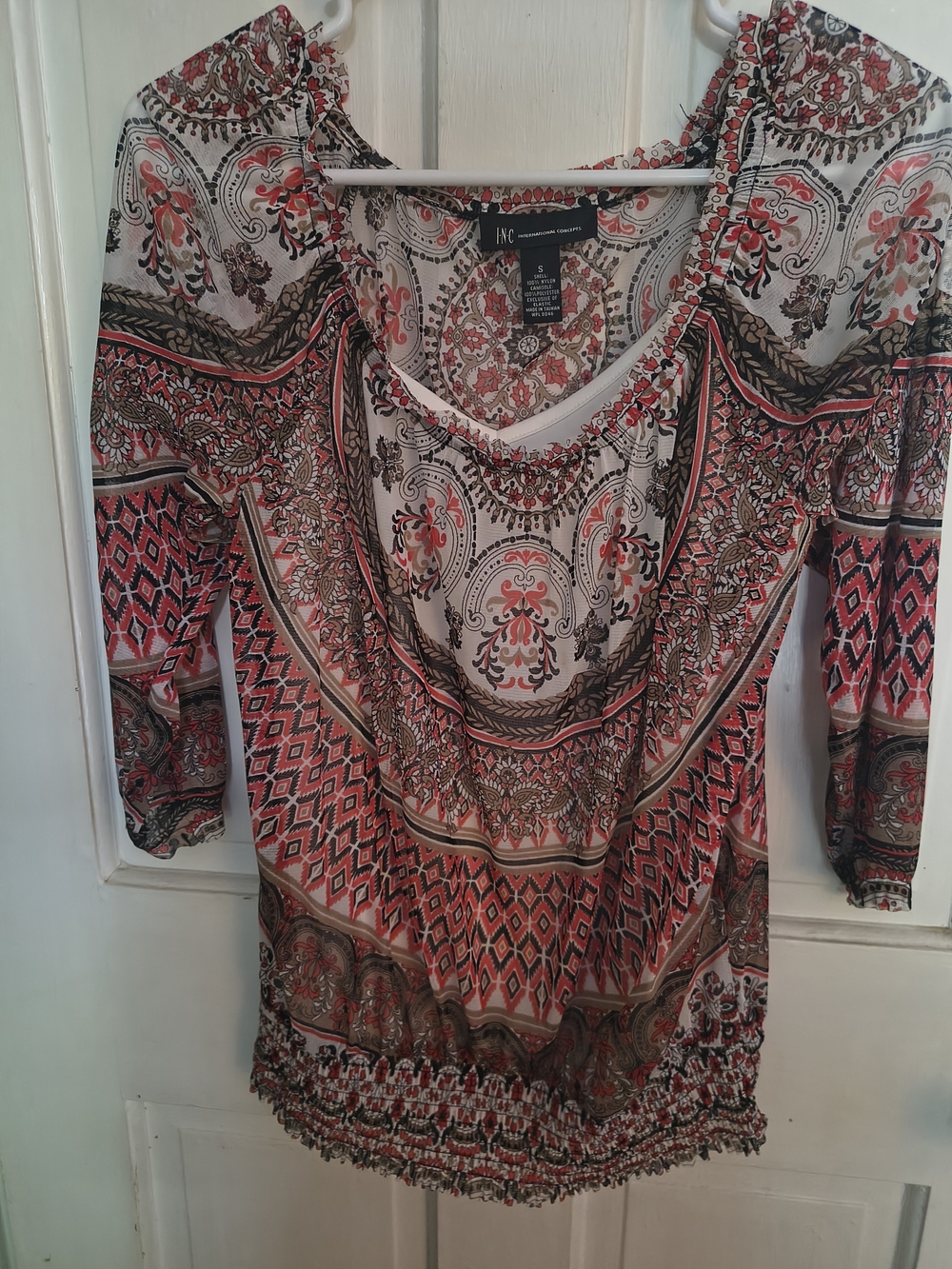 INC International Concepts Red, Black & White Paisley Print Peasant Blouse